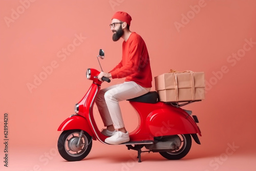Side view on courier male guy driving a moped motorcycle. Delivery male is in a hurry to deliver orders isolated over a red color background. Generated Ai ©  Mohammad Xte