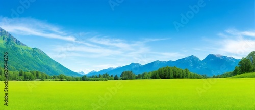 Panoramic natural landscape with green grass field  blue sky with clouds and mountains in the background. Panorama summer spring meadow. Generative Ai