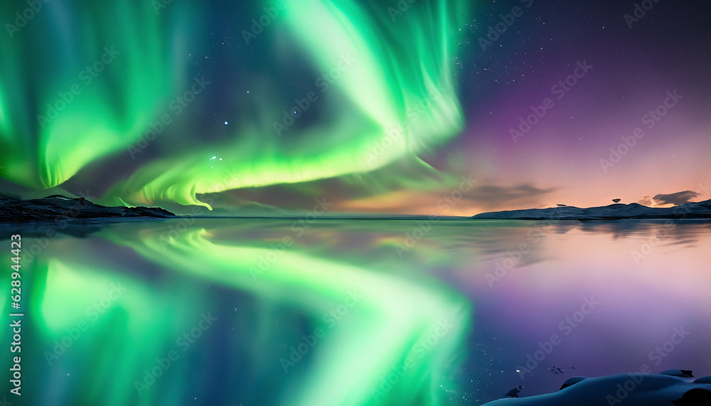 Aurora Background reflection on the water surface, Green and Purple Northern lights (Aurora borealis) in the sky over Tromso, panorama with northern light in night starry sky against mountain and lake