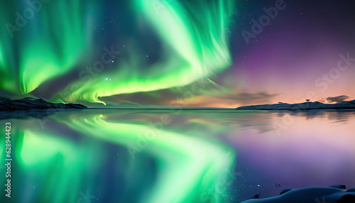 Aurora Background reflection on the water surface  Green and Purple Northern lights  Aurora borealis  in the sky over Tromso  panorama with northern light in night starry sky against mountain and lake