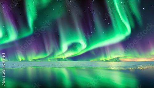 Aurora Background reflection on the water surface, Green and Purple Northern lights (Aurora borealis) in the sky over Tromso, panorama with northern light in night starry sky against mountain and lake