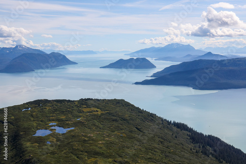 Obraz na plátne Aerial photo of a mountain peak near Juneau, Alaska with Gastineau Channel and Stephens passage in the background