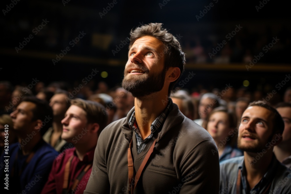 A man is asking a question to a speaker during a Q&A session at an international technical conference in a darkened auditorium. the young expert shows off A man is asking a question to a speaker during a Q&A session at an international technical conference in a darkened auditorium. the young expert shows off