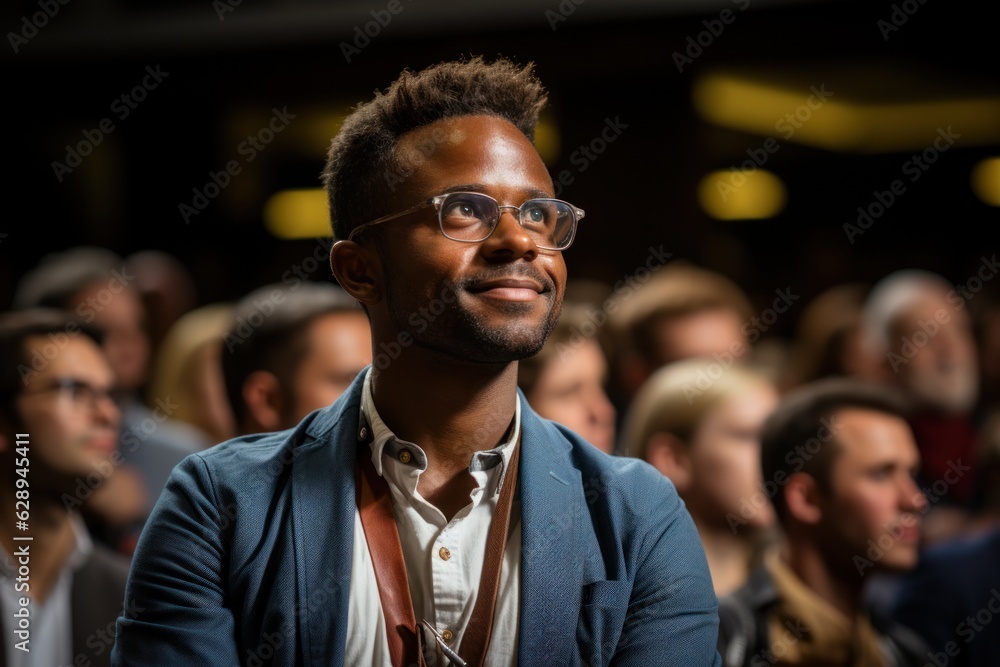 A man is asking a question to a speaker during a Q&A session at an international technical conference in a darkened auditorium. the young expert shows off A man is asking a question to a speaker during a Q&A session at an international technical conference in a darkened auditorium. the young expert shows off