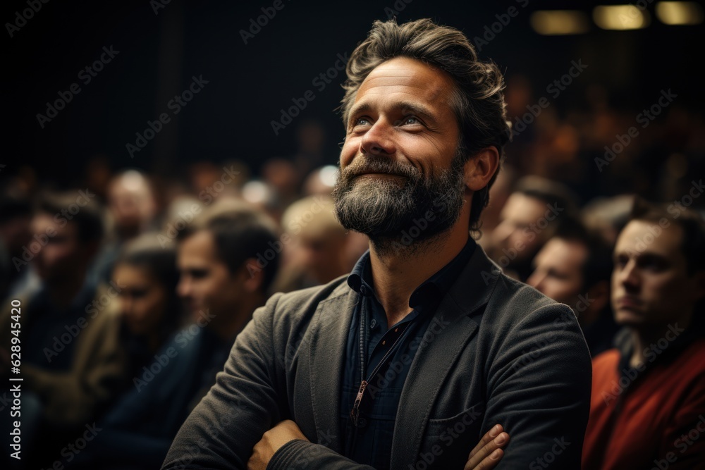 A man is asking a question to a speaker during a Q&A session at an international technical conference in a darkened auditorium. the young expert shows off