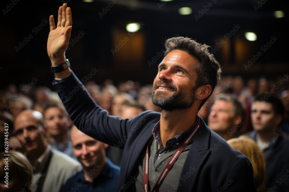 A man is asking a question to a speaker during a Q&A session at an international technical conference in a darkened auditorium. the young expert shows off A man is asking a question to a speaker during a Q&A session at an international technical conference in a darkened auditorium. the young expert shows off
