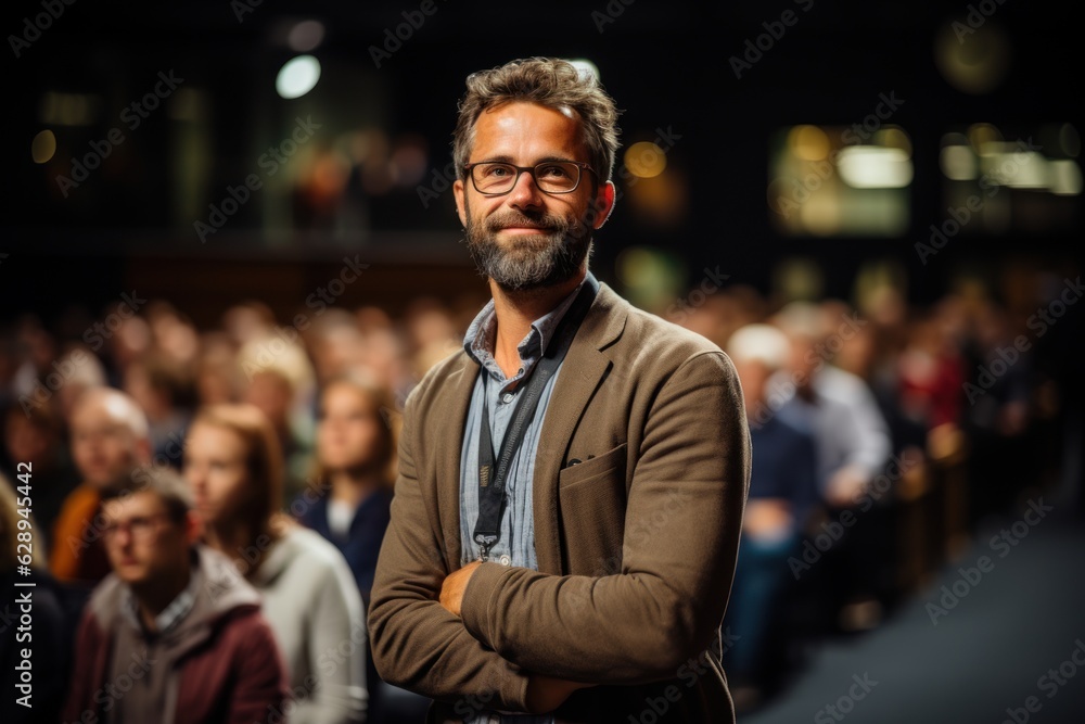 A man is asking a question to a speaker during a Q&A session at an international technical conference in a darkened auditorium. the young expert shows off A man is asking a question to a speaker during a Q&A session at an international technical conference in a darkened auditorium. the young expert shows off