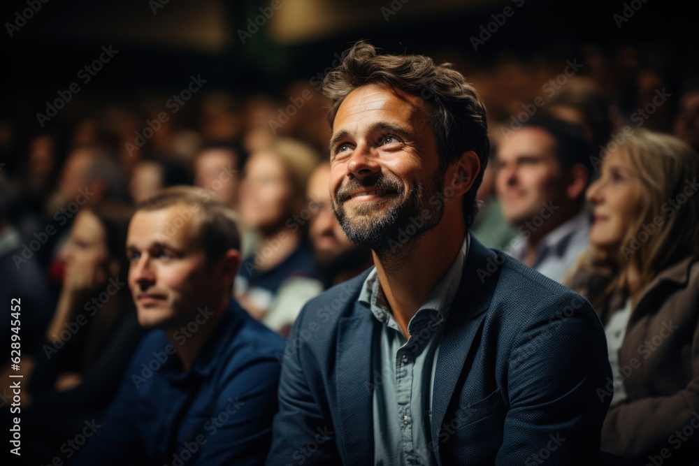 A man is asking a question to a speaker during a Q&A session at an international technical conference in a darkened auditorium. the young expert shows off A man is asking a question to a speaker during a Q&A session at an international technical conference in a darkened auditorium. the young expert shows off
