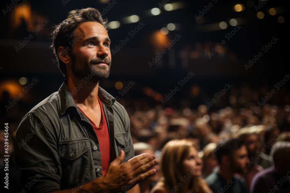 A man is asking a question to a speaker during a Q&A session at an international technical conference in a darkened auditorium. the young expert shows off A man is asking a question to a speaker during a Q&A session at an international technical conference in a darkened auditorium. the young expert shows off