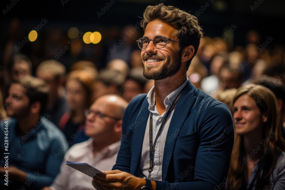 A man is asking a question to a speaker during a Q&A session at an international technical conference in a darkened auditorium. the young expert shows off A man is asking a question to a speaker during a Q&A session at an international technical conference in a darkened auditorium. the young expert shows off