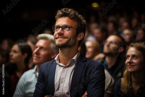 A man is asking a question to a speaker during a Q&A session at an international technical conference in a darkened auditorium. the young expert shows off