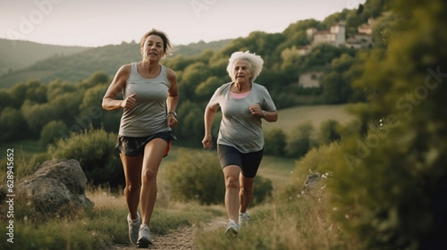 Outdoor senior fitness women Retirement, couple and running fitness health for body and heart wellness. Senior women enjoy nature run together for cardiovascular vitality workouts. Generated Ai