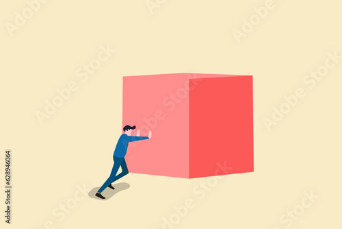Strong businessman vector concept. Symbol of strength, courage, power. Businessman pushing a big cube. business illustration. Businessman pushing huge stone up. problem crisis