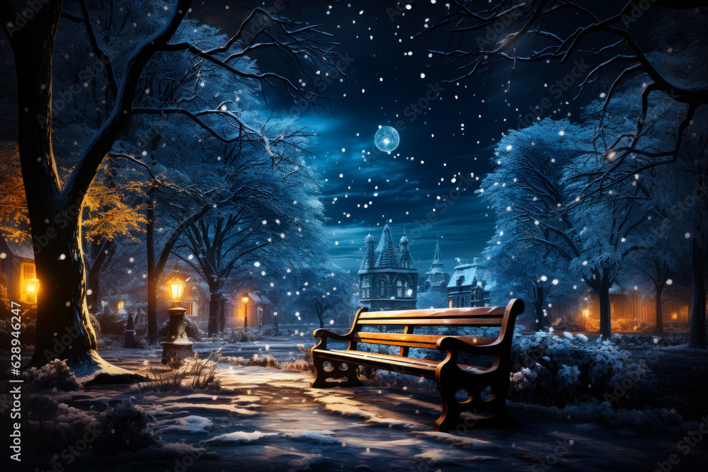 Cold evening scene park. Night snow street with lights. Generative AI.