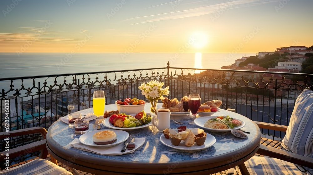 A picturesque balcony overlooking the sea, adorned with a table laden with breakfast delights. Generative AI