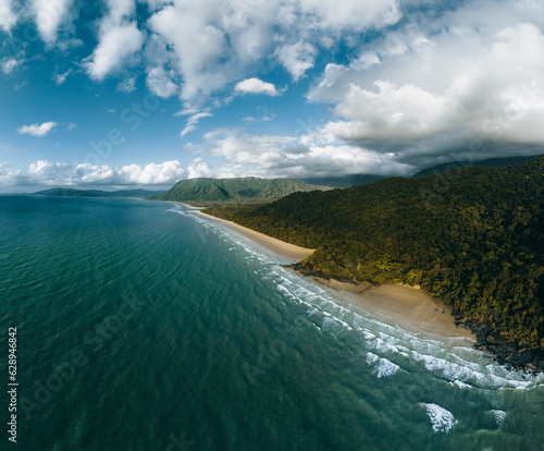 Panorama Cape Tribulation aerial view of Myall Beach at Daintree National Park in Tropical North Queensland, Australia