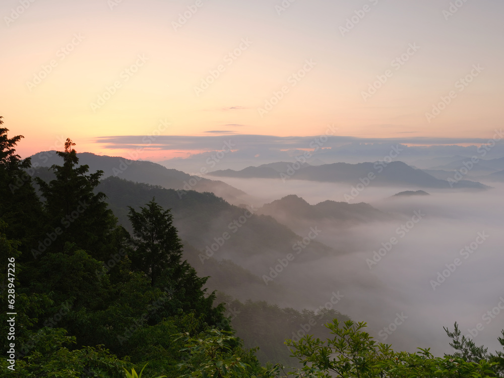 朝日が出た雲海の山の風景