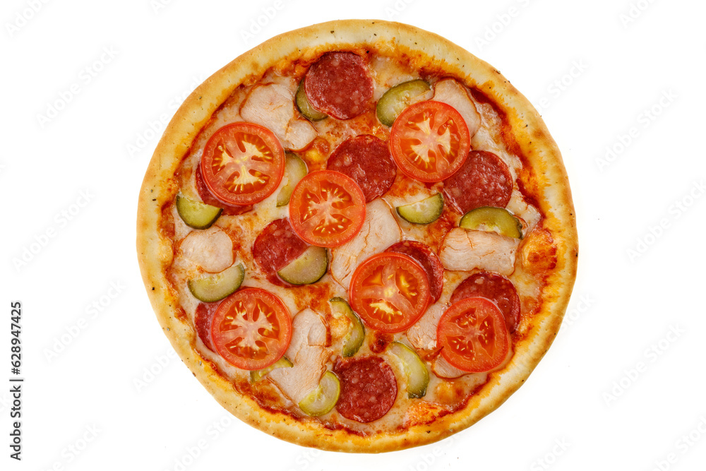 pizza with ham, pepperoni, tomato, pickled cucumber, mozzarella on white background for food delivery website menu 1