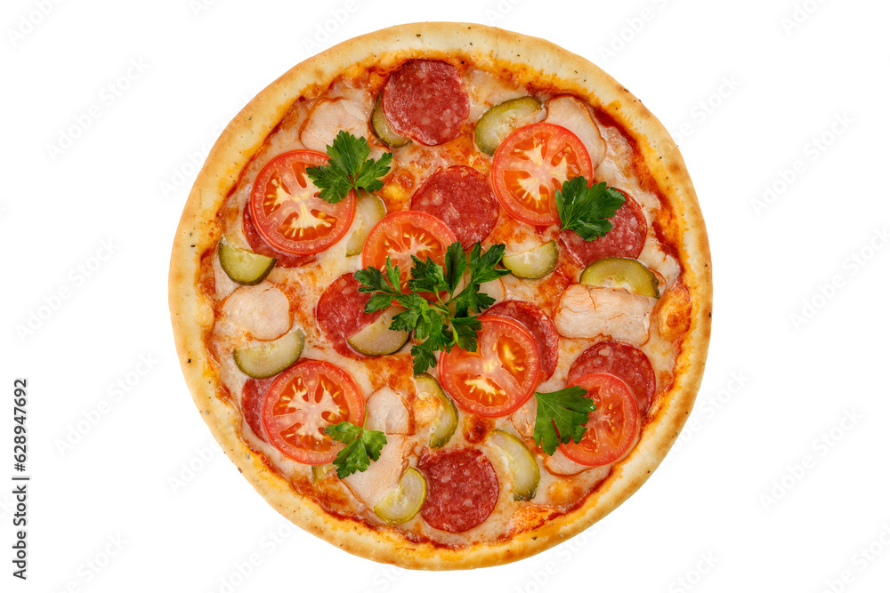 pizza with ham, pepperoni, tomato, pickled cucumber, mozzarella on white background for food delivery website menu