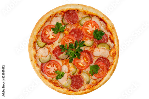 pizza with ham, pepperoni, tomato, pickled cucumber, mozzarella on white background for food delivery website menu