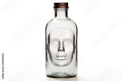 Bottle with human face isolated on white background.