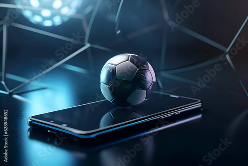 Ball with a smartphone on a blue background, online football 2