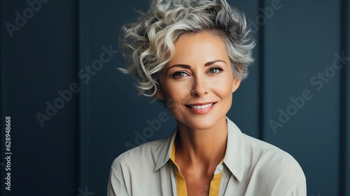 Elegant curly hair mature woman against grey background. Stylish mature woman in white