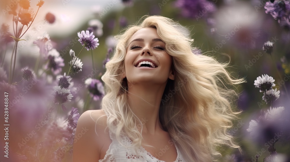A Portrait Of A Happy Woman In A Field Of Flowers. A Portrait Of A Happy Woman In A Field Of Flowers.