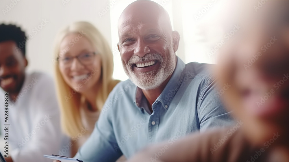 Senior adult bald man, gray white beard, smiling happily, team or group in small simple office or meeting room at meeting, blue shirt, holding notepad ,lecture or training or team meeting, fictional Senior adult bald man, gray white beard, smiling happily, team or group in small simple office or meeting room at meeting, blue shirt, holding notepad ,lecture or training or team meeting, fictional