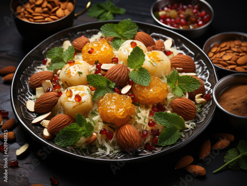 This top view captures the delectable assortment of traditional Middle Eastern fried sweets, including lokma, awameh, zainab fingers, and balah al sham, all Generative AI. photo