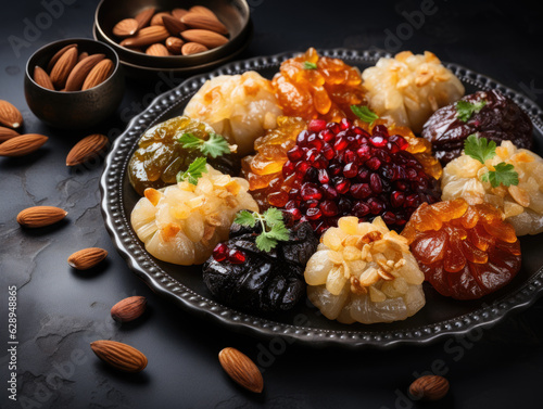 Ramadan dessert becomes a tempting affair in this top view featuring a variety of traditional Middle Eastern fried sweets - lokma, awameh, zainab fingers, and balah al sham. Generative AI. photo