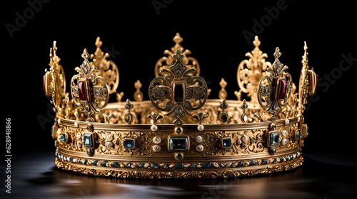 A beautiful and luxurious crown of a king, sparkling with embedded gems and precious metals. Generative AI