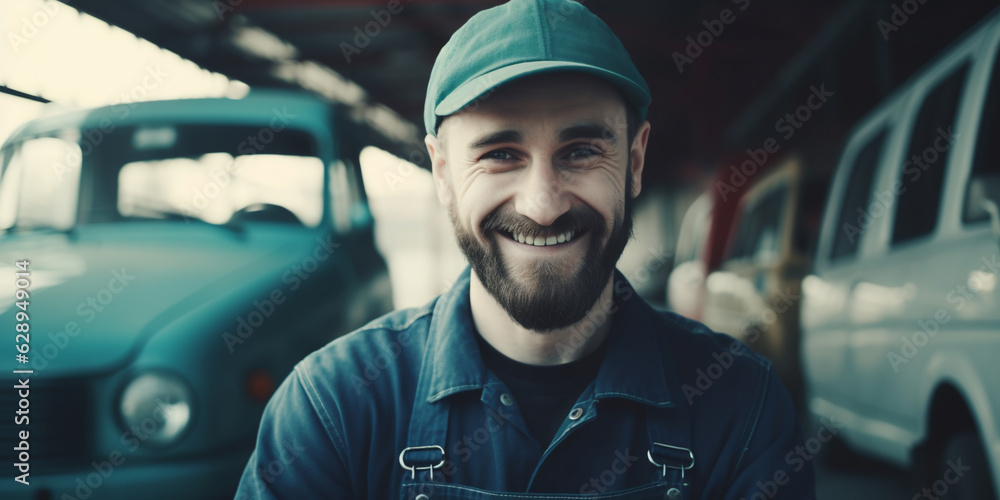 a smiling young handsome man stands in front of a car, a car repairman, a loader, a driver, a trucker, a trucker, a man's job, a transport company a smiling young handsome man stands in front of a car, a car repairman, a loader, a driver, a trucker, a trucker, a man's job, a transport company