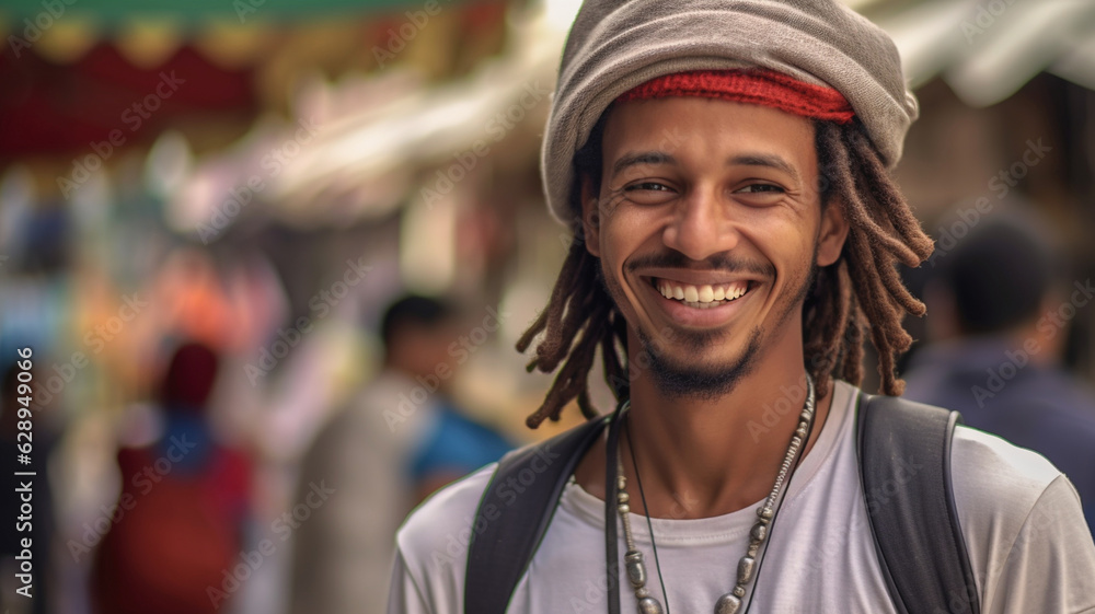 adult man with tanned skin color, good mood, laughing, hippie jamaica style, relaxed and in good mood, white t-shirt, necklace, backpack, tourist or local, tropical island, fictitious
