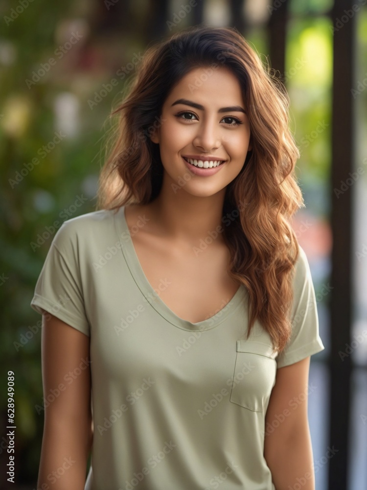 Portrait of a young smiling dimple modern stylish woman wearing a blank t-shirt mockup natural background