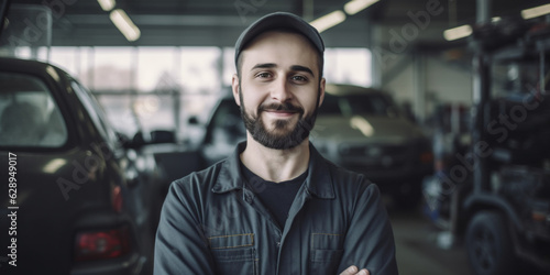 a smiling young handsome man stands in front of a car, a car repairman, a loader, a driver, a trucker, a trucker, a man's job, a transport company