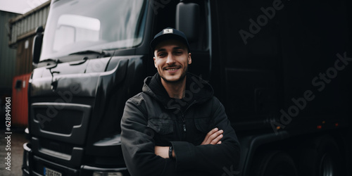 a smiling young handsome man stands in front of a car, a car repairman, a loader, a driver, a trucker, a trucker, a man's job, a transport company © Julia Zarubina
