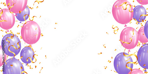 pink and purple helium balloons isolated on transparent background for birthday, anniversary, celebration, event vector illustration