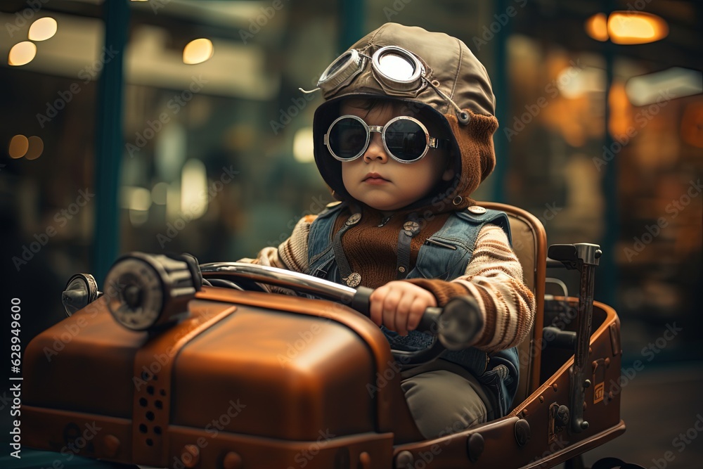 cute boy wearing glasses and motor racing suit in vintage car, Generative Ai cute boy wearing glasses and motor racing suit in vintage car, Generative Ai