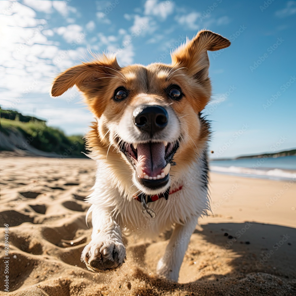 Cheerful beautiful dog close-up walks runs along the beach with open mouth along the beach on a sunny day. Holidays with pets. generative ai