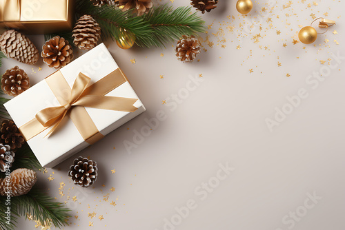 White and gold colored christmas items with natural decorative elements, white background