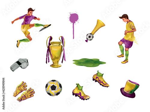 Football boots, ball, whistle, fan's hat and pipe, football players, champion cup, gloves. Vector football set. Sports banners, flyers, invitations.
