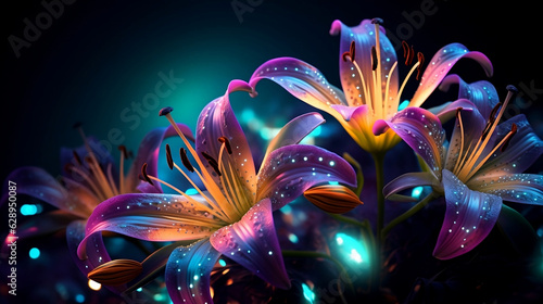 abstract neon lily flowers. Generated Ai photo