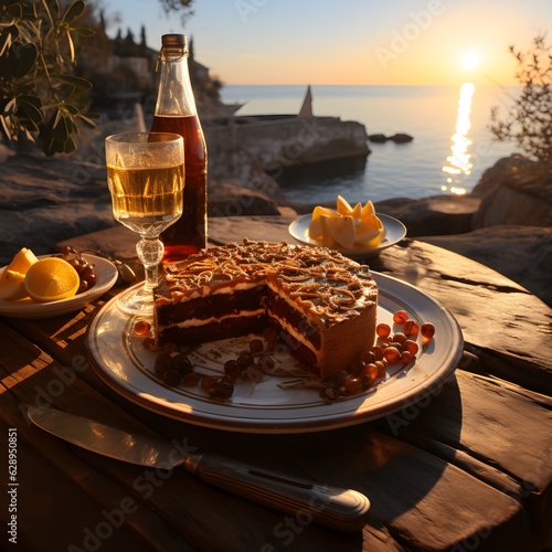 Portokalopita in the background of a beautiful Greek seaside landscape at sunset
 photo