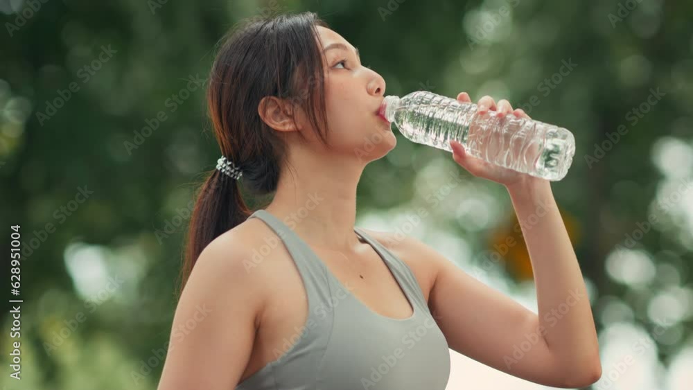 Happy young asian woman in sportswear drinking water from a bottle while jogging at public park. Healthy female athlete enjoy sport training workout running exercise in morning Happy young asian woman in sportswear drinking water from a bottle while jogging at public park. Healthy female athlete enjoy sport training workout running exercise in morning