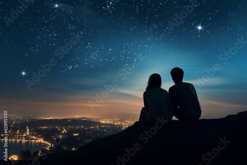 Tablou canvas Couple silhouette on a hilltop, pointing at a shooting star streaking across the city's night sky