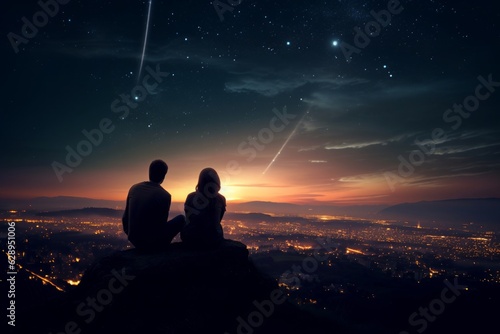 Fotografia, Obraz Couple silhouette on a hilltop, pointing at a shooting star streaking across the city's night sky