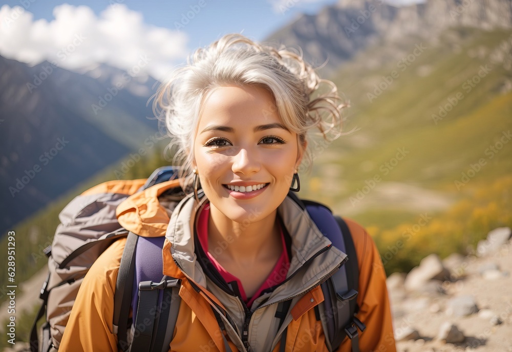 Beautiful smile attractive senior women in mountain hiking Beautiful smile attractive senior women in mountain hiking