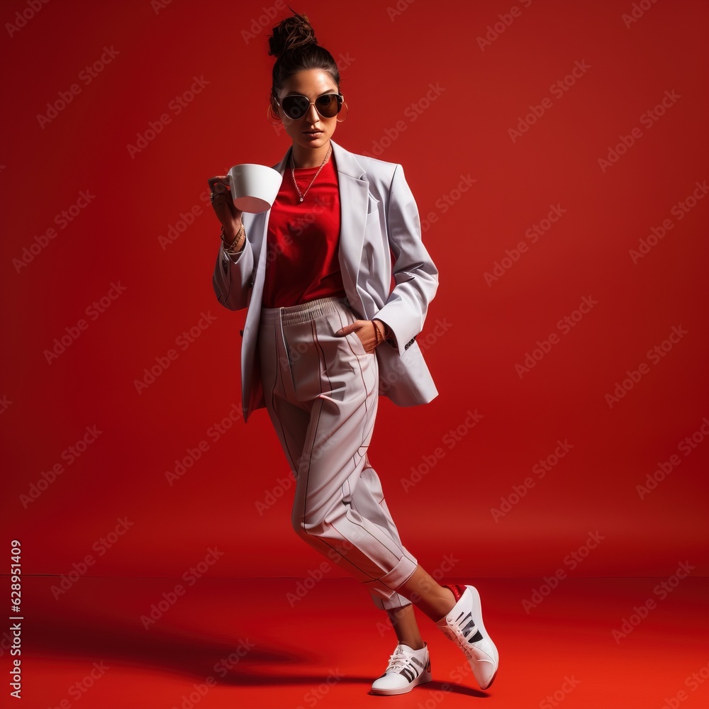 woman in red drinking coffee, generative ai woman in red drinking coffee, generative ai