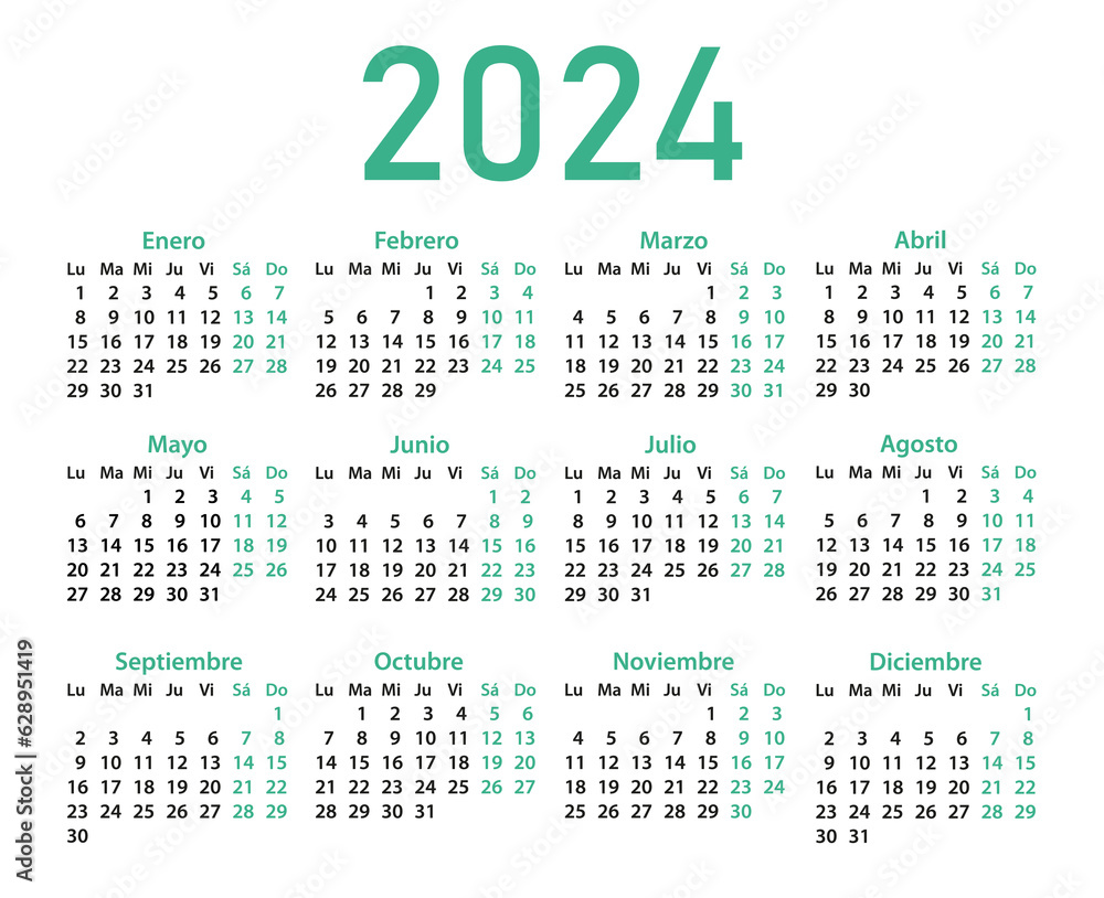 Calendar template for 2024 in Spanish.